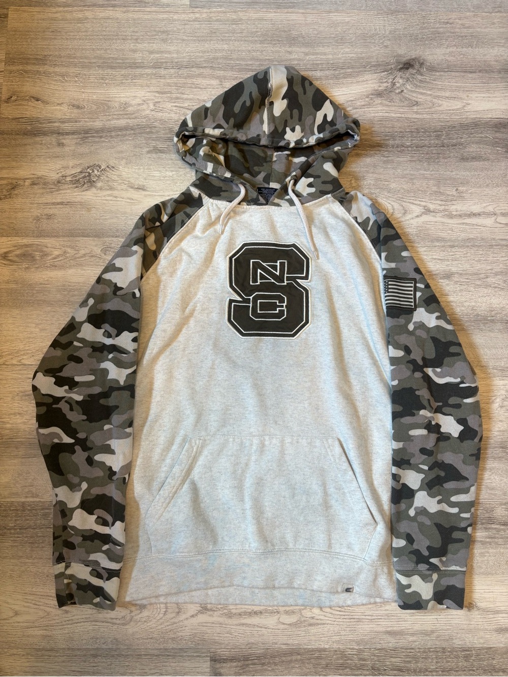 NC State College Logo Hooded Sweatshirt - Gray with Camo Sleeves